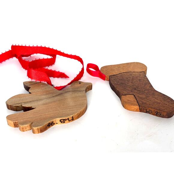 Vintage Wood Christmas Tree Ornaments Dove and Stocking with Red Ribbon Hangers - Picture 3 of 7